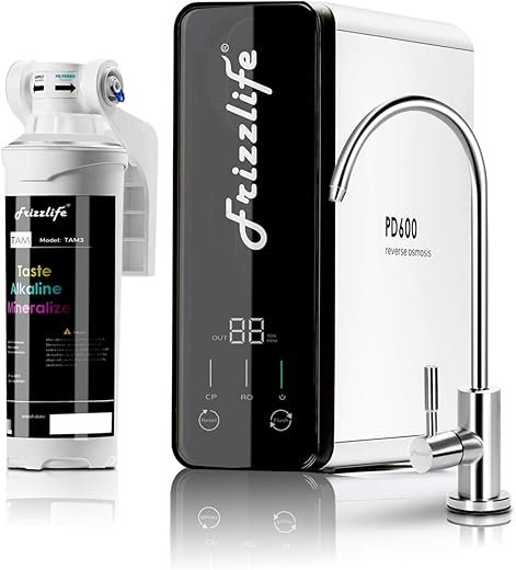 Frizzlife RO Reverse Osmosis Water Filtration System - 600 GPD High Flow, Tankless, Reduce TDS, Compact, Alkaline Mineral PH, 1.5:1 Drain Ratio, USA Tech Support, PD600-TAM3